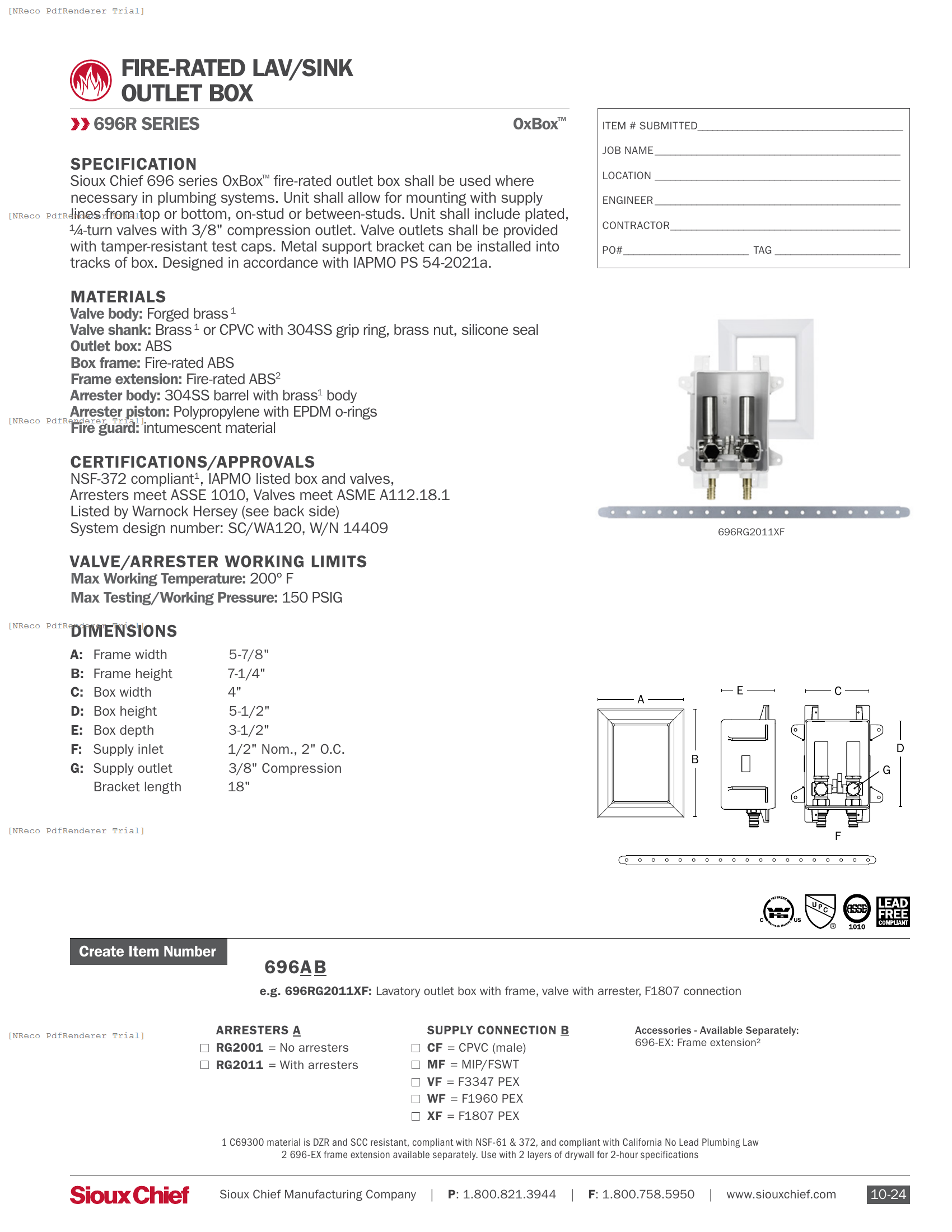 696R SERIES - FIRE-RATED OXBOX LAV-SINK OUTLET BOX - SPEC SHEET.PDF Specification Document